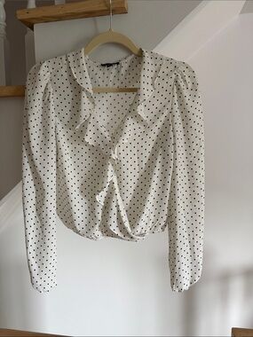 Dynamite White Blouse with Black Polka Dots and Ruffle V-Neck